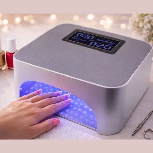 LED lampa na nechty EQ 36W - strieborná s LCD displejom, senzor, časovač